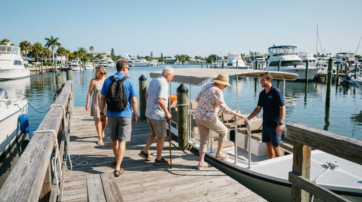 Passengers boarding a small open tour boat at a Holmes Beach marina before a dolphin tour on a bright morning