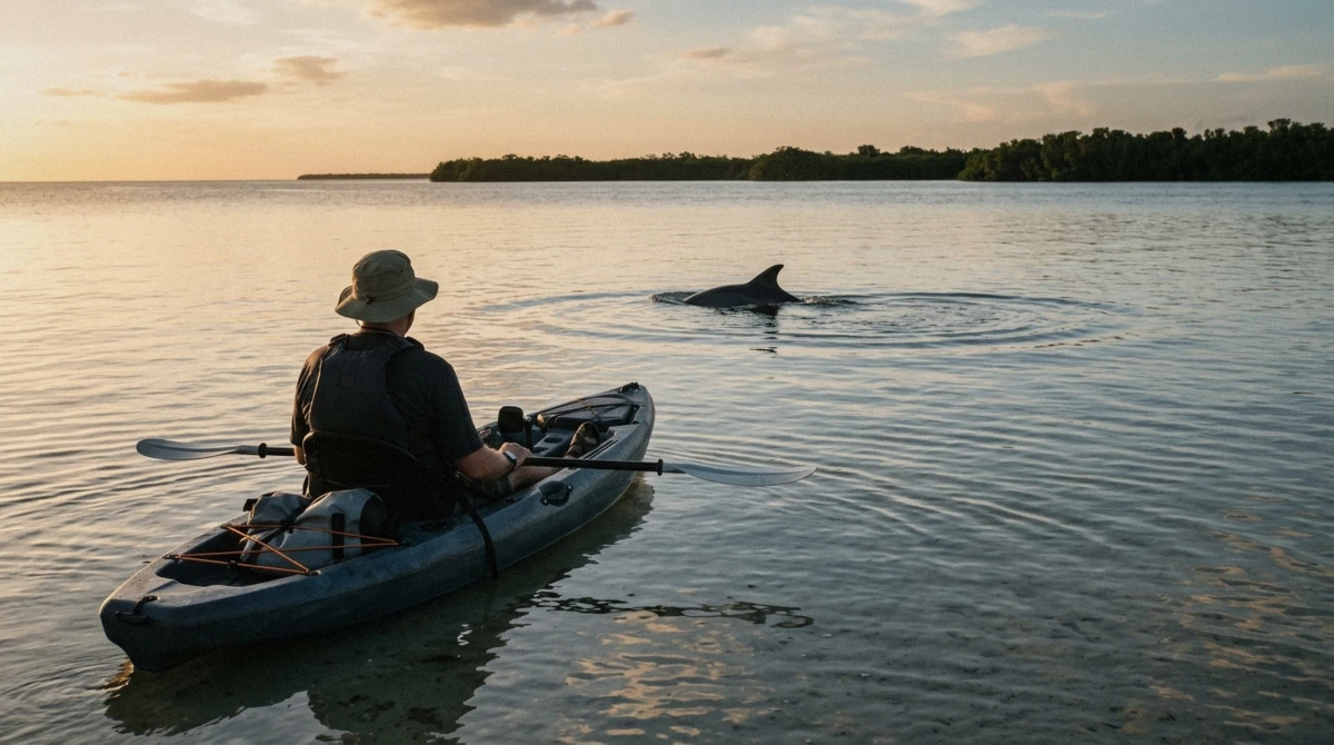 A paddler holding still in a kayak as a wild dolphin surfaces at a distance, the legal way to watch dolphins in Florida