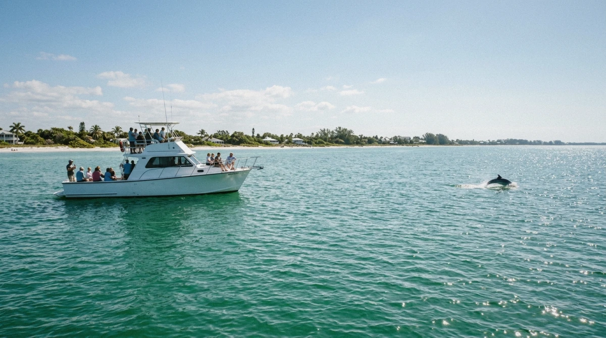 A tour boat holding its distance while a wild dolphin surfaces well away from it in bright Gulf water off Anna Maria Island