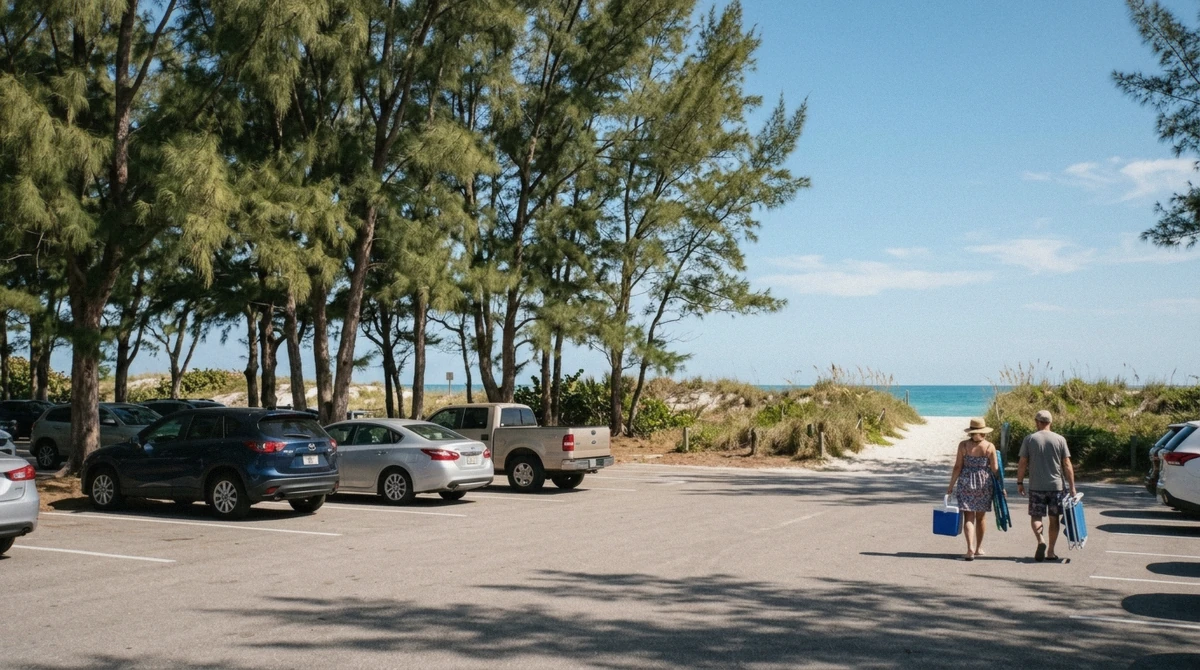 A shaded public beach car park behind the dunes on Anna Maria Island on a bright morning, with spaces still free
