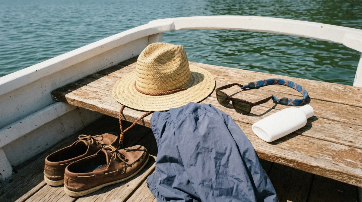 Sun hat, sunglasses with a retaining strap, sunscreen and a light jacket laid out on a boat bench before a Florida dolphin tour