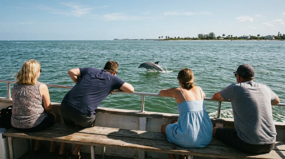 Passengers on the deck of a small tour boat watching a dolphin surface nearby on a bright morning dolphin tour off Anna Maria Island