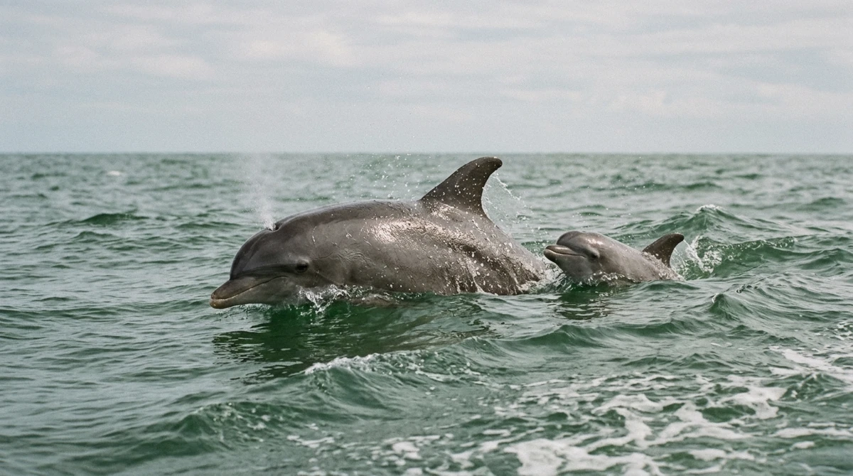 An adult bottlenose dolphin and a calf surfacing together in the Gulf off Anna Maria Island in bright morning light