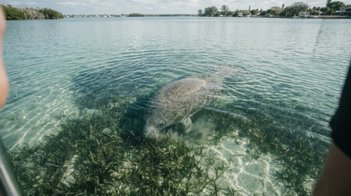A manatee grazing seagrass in shallow clear water near Anna Maria Island during the winter manatee season