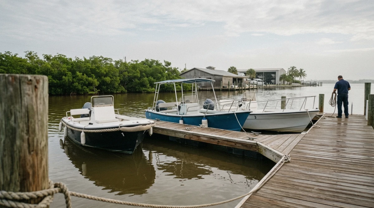 Small tour boats tied along a floating dock at a Holmes Beach marina before a sunset dolphin cruise on Anna Maria Island